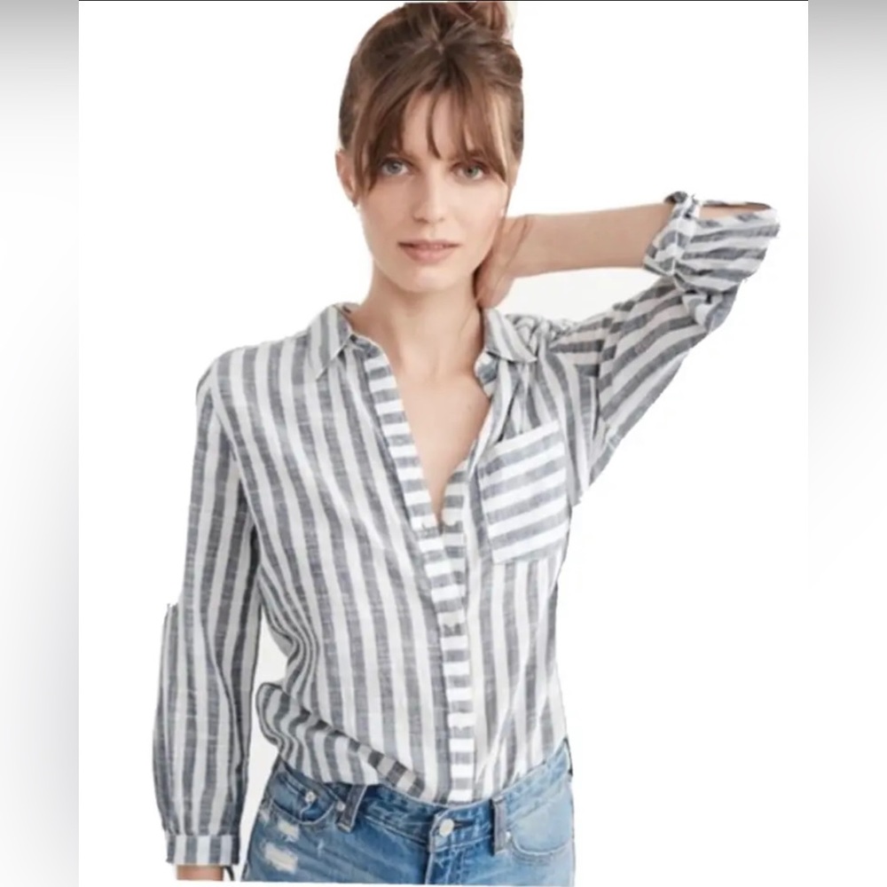 Abercrombie & Fitch Blue White Striped Tie Sleeve Shirt Blouse Top Small